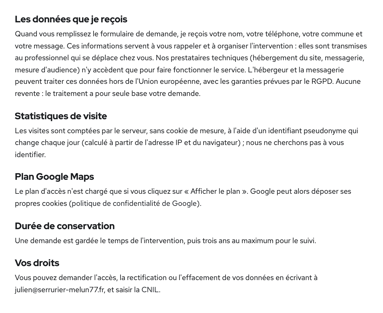 Données personnelles — JMD Serrurerie