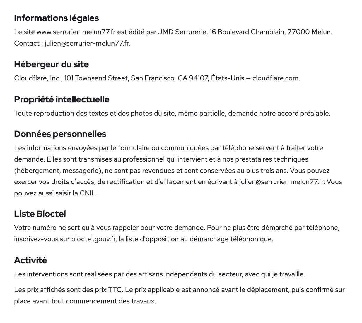Mentions légales du site JMD Serrurerie