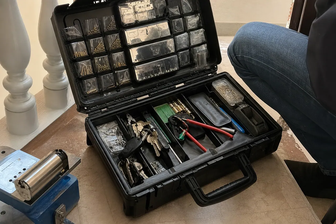 outillage de serrurier organisé sur palier