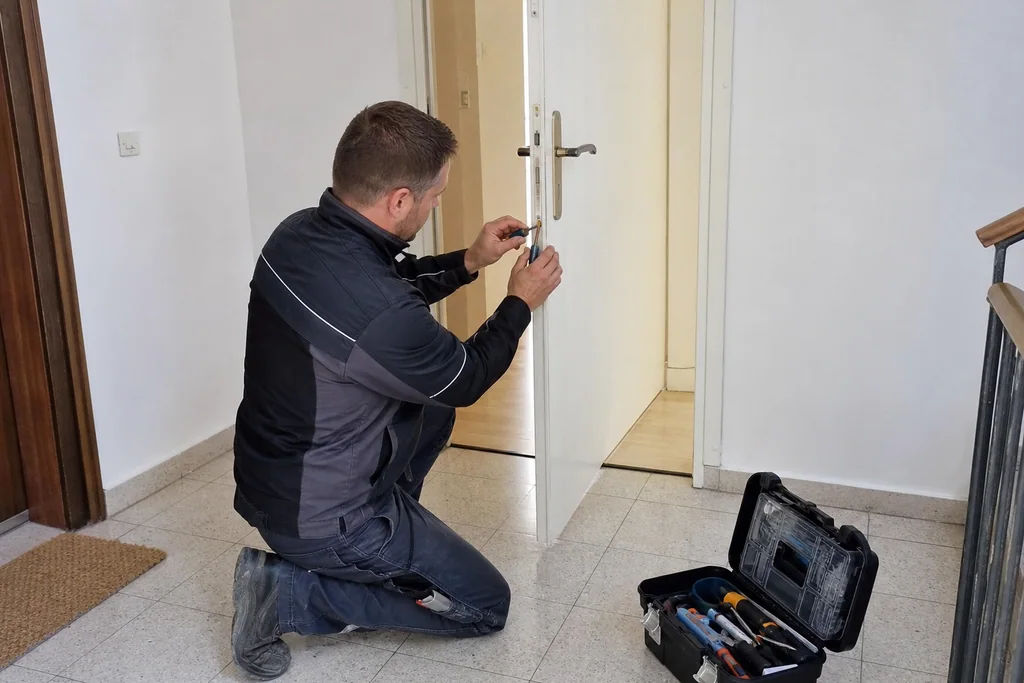 serrurier ajustant la serrure d’une porte d’entrée